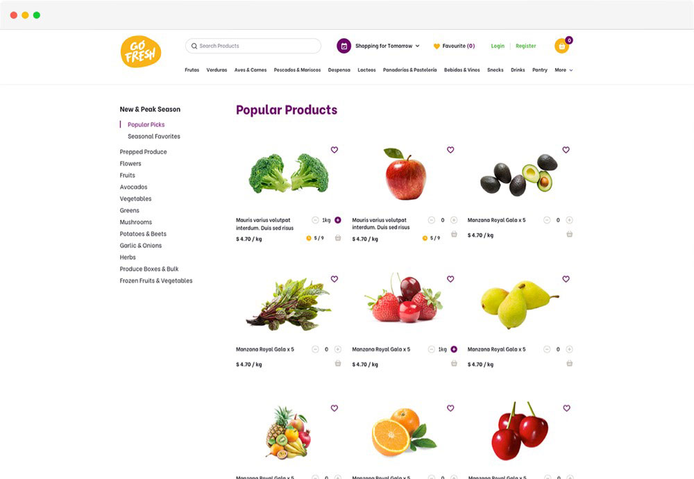 popular products page of the ecommerece grocery website