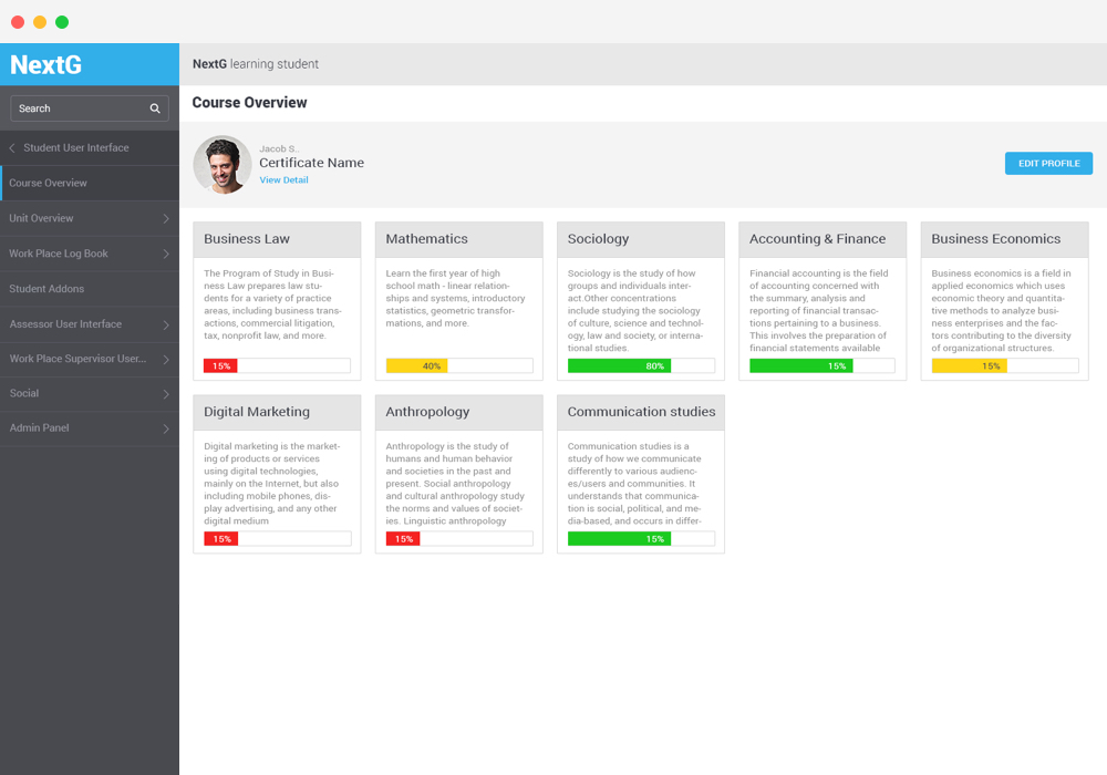 profile section of e learning web app